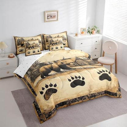 Erosebridal Bear Queen Bedding Set 7 Piece Hunting Cabin Lodge Comforter Set for Kids Boys Girls Rustic Farmhouse Bed in a Bag Wild Bear Paw Quilt with Flat Fitted Sheet Country Jungle Decor
