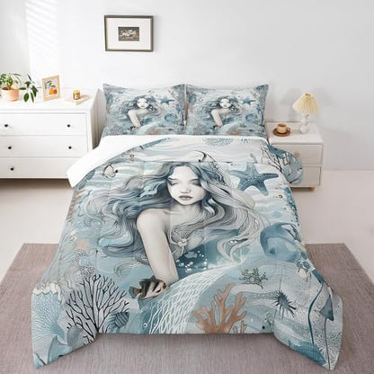 Homewish Beauty Mermaid Girl Bedding Set Full Size,Coral Shell Starfish Comforter Set for Kids Girls Boys Teens Room Decor,Fantasy Sea Life Quilt Set Ocean Blue Vintage Duvet Insert,2 Pillowcases