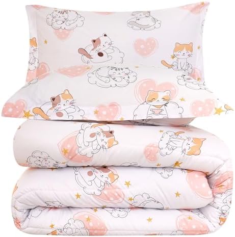 Yibeizi Cat Kids Twin Bed Comforter Set for Girls Kitty Bedding