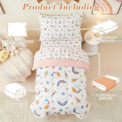 Mooreeke 4 Pieces Toddler Bedding Set - Soft Unicorn Rainbow Toddler Comforter Sets for Girls, Includes Quilted Comforter, Flat Sheet, Fitted Sheet and Pillowcase, Bed in A Bag for Baby Bedroom