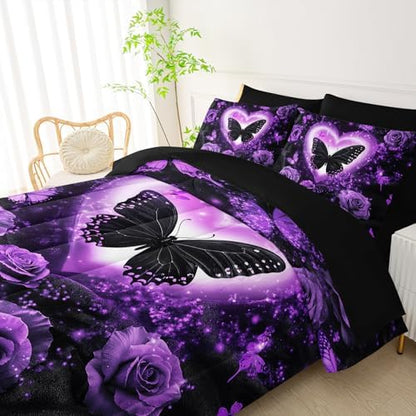 QOOMO Purple Butterfly 7 Pieces Comforter Set Queen Size,Rose Bedding Set