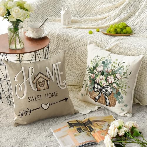 AVOIN colorlife Bless Our Home Sweet Home Farmhouse Eucalyptus Leaves Throw Pillow Covers, 20 x 20 Inch Truck Cushion Case Decorations Set of 4