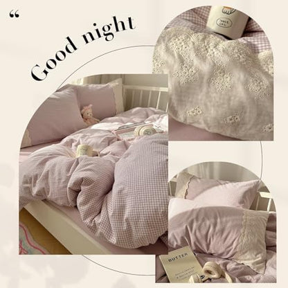 mixinni Purple White Gingham Duvet Cover Twin XL Size - 3 Piece Cottagecore Plaid Bedding Set with Lace Trim, Soft Washed Microfiber Vintage Aesthetic Grid Comforter Cover & Pillow Shams