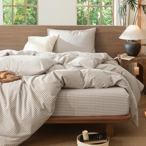 MooMee Gingham Duvet Cover Set 100% Washed Cotton Linen Like