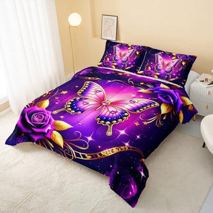 QOOMO Neon Butterfly Kids Comforter Set Queen Size