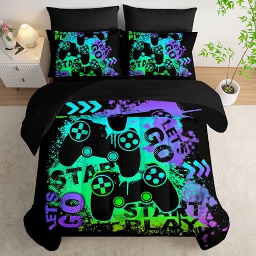 7Pcs Gamer Comforter Set Green Gamepad Printed Bedding Set with 1 Comforter, 1 Flat Sheet, 1 Fitted Sheet and 4 Pillowcases for Boys and Girls Bedroom (Gamepad-2 Full