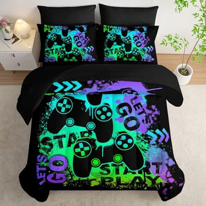 7Pcs Gamer Comforter Set Green Gamepad Printed Bedding Set with 1 Comforter, 1 Flat Sheet, 1 Fitted Sheet and 4 Pillowcases for Boys and Girls Bedroom (Gamepad-2 Full