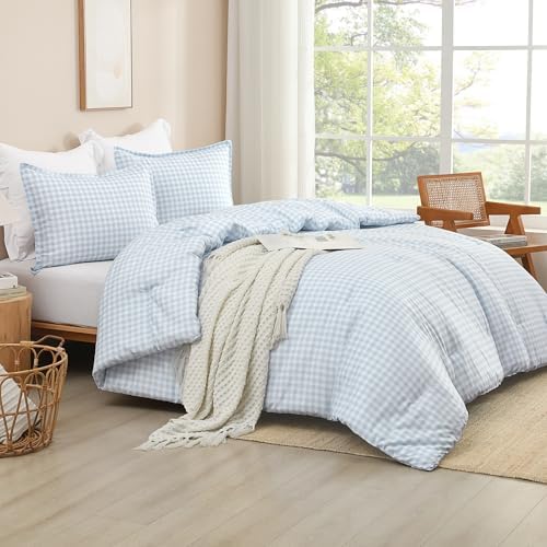Andency Blue Gingham Comforter Set Full, Blue Checkered Grid Plaid Bedding