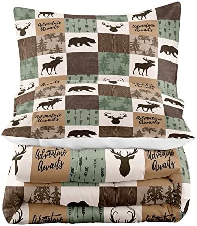 LUVIVIHOME 3PCS Rustic Cabin Comforter Set, Brown Sage Green Queen Comforter, Bear Deer Elk Moose Woodland Forest Animal Wildlife Country Farmhouse Lodge Bedding Sets Patchwork Quilt, 2 Pillow Shams