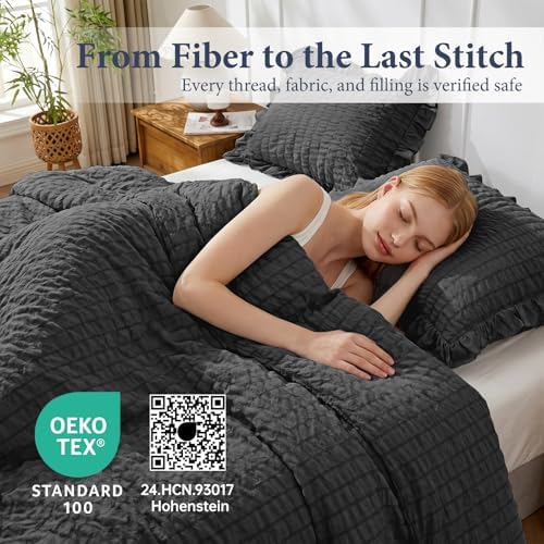 JOLLYVOGUE Oversized King Comforter Set, 3 Pieces Black Seersucker Comforters, Lightweight & Fluffy Bedding Sets for All Season with 1 Ruffle Comforter and 2 Ruffle Pillowshams