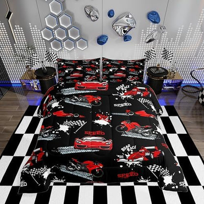 Erosebridal Black Red Race Car Bedding Set Kids Sports Car Comforter Set King,Speed Racing Car Bedding for Boys Teens Men Extreme Sport Games Duvet Insert Dirt Bike Motocross Quilt,2 Pillowcases