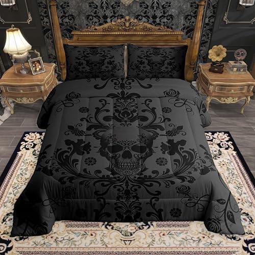 Feelyou Gothic Kids Comforter Set Full Size Sugar Skull Bedding Set Damask Print Floral Duvet Quilt for Kids Boys Girls Bedroom Decor Microfiber Ultra Soft Breathable