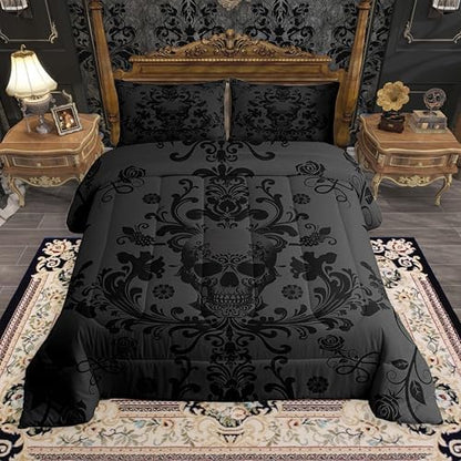 Feelyou Gothic Kids Comforter Set Full Size Sugar Skull Bedding Set Damask Print Floral Duvet Quilt for Kids Boys Girls Bedroom Decor Microfiber Ultra Soft Breathable