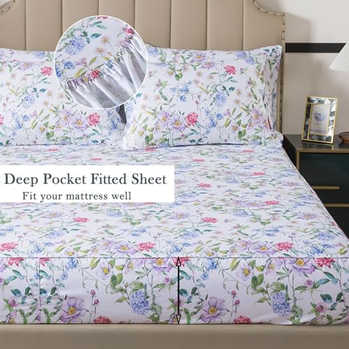 FADFAY Garden Floral King Sheet Set, 100% Cotton Botanical Print Bedding, Soft Breathable 4-Piece Bed Sheets with Deep Pocket, All Season