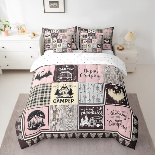 Erosebridal 7 Piece Happy Camping Comforter Set King for Kids Girls,Rv Camper Bedding Set Pink Buffalo Plaid Decor,Rustic Cabin Bed Set with Sheets,Travel Trailer Bed in a Bag with Pillowcases
