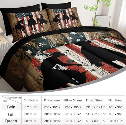 AILONEN Western Cowboy Comforter Set Full Size,7-Piece Rodeo Cowboy Riding Bull Bed in a Bag,United States Retro Country Style Comforter & Fitted Sheet & Flat Sheet & 2 Pillowcases,Soft Microfiber