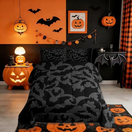 Castle Fairy Halloween Themed Full Size Comforter Set,Black Bats Animal Print Bedding Comforters Bedroom Collection,Dark Grey Color Bedding Set for Girls Teens