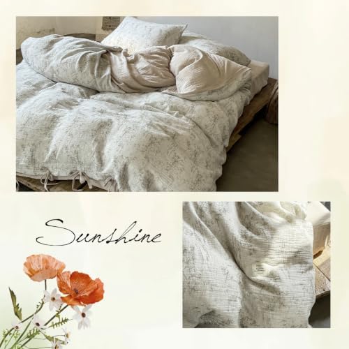 VM VOUGEMARKET Beige Ink Bamboo Print Double Layer Cotton Duvet Cover Set Twin,Natural Crinkled Cotton Muslin Bedding Set,Vintage Oriental Botanical Comforter Cover with Bow Ties