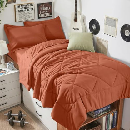HEVUMYI 5-Piece Twin XL Comforter Set, Burnt Orange Bed in a Bag