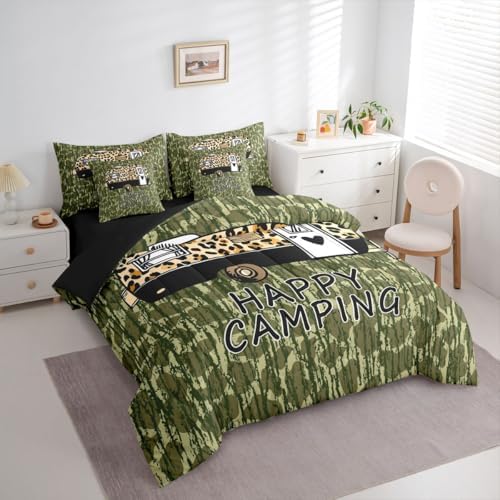 Erosebridal Happy Camping 7 Pieces Bedding Set Green Camouflage Twin Comforter Set for Boys Girls Leopard Print Camper Car Bed in A Bag with Flat and Fitted Sheet Camo Cheetah Pattern Wild Bed Set