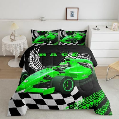 Go Kart Toddler Race Car Bed for Boys,Black and White Checked Plaid Drift Kart Comforter Set Toddler Bedding Sets for Boys,Square Grid Lattice Quilt,Green Karting Extreme Sport Duvet Insert King