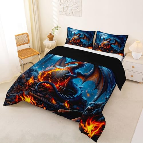 Feelyou Blue Black Dragon Bedding Set Soft for Boys Girls, Wild Animal Comforter Set King Size Mysterious Dragon Egg Duvet Quilt Microfiber Gothic Magic Bedroom Decor 3 Pcs with 2 Pillow Cases