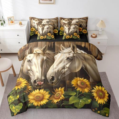 Erosebridal Rustic Horse Bedding Set Twin,Yellow Sunflower Comforter Set,Western Farmhouse(Comforter+Fitted+Flat Sheet+2 Pillowcases+2 Throw Pillow Covers) 7 Pieces Cowboy Cowgirls Bed Set