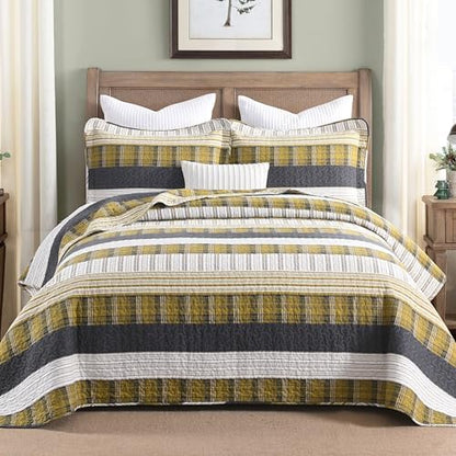 Homzard Queen Size Comforter Set, Cotton Quilts Queen Size，Amber Green Black Farmhouse Quilts, Plaid Striped Bedspread Set，All Season Lightweight Bedding Coverlet 3 Pieces