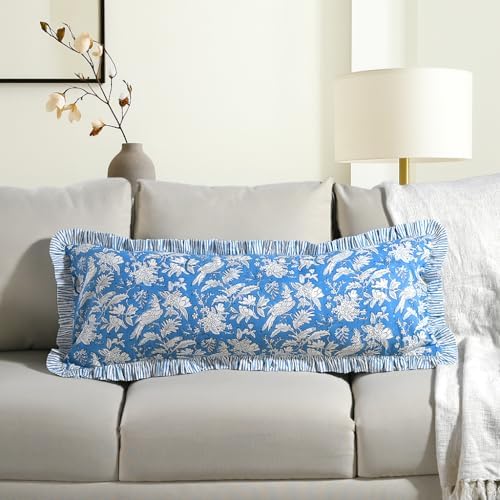CPC Block Print Blue Sapphire Ruffle Cotton Lumbar Pillow Cover 14x36 inch