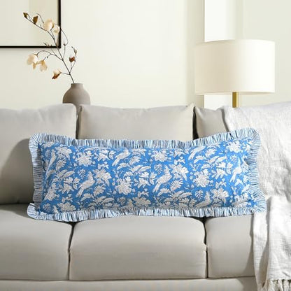 CPC Block Print Blue Sapphire Ruffle Cotton Lumbar Pillow Cover 14x36 inch