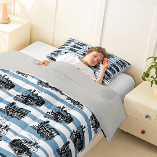 Feelyou Retro Train Comforter Set Toddler Size Vintage Steam Locomotive Down Bedding Set for Kids Boys Girls Blue White Geometric Stripes Duvet Quilt Bedroom Decor Microfiber 2 Pcs with 1 Pillow Case