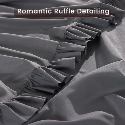 ROSE&RISY Queen Ruffle Sheet Set 4 Piece - Dark Grey Soft Lightweight Microfiber Bedding with Deep Pocket, Breathable Ruffled Flat Sheet & Pillowcases (Dark Grey, Queen Size)