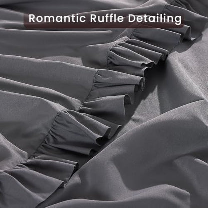 ROSE&RISY Queen Ruffle Sheet Set 4 Piece - Dark Grey Soft Lightweight Microfiber Bedding with Deep Pocket, Breathable Ruffled Flat Sheet & Pillowcases (Dark Grey, Queen Size)