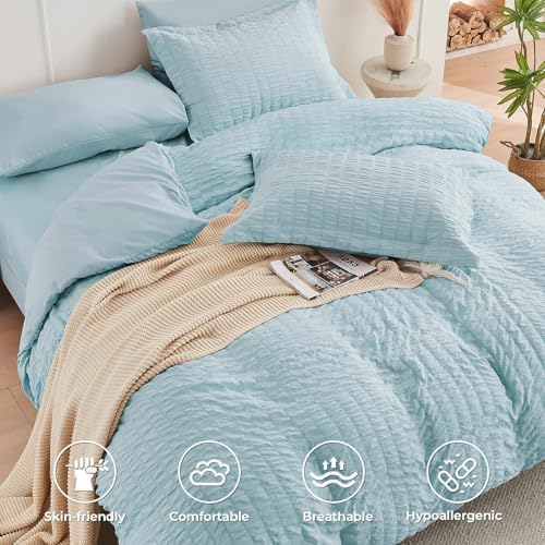 HYMOKEGE Lake Blue Full Size Comforter Sets Seersucker 7 Pieces, All Season Luxury Bed in a Bag for Bedroom, Bedding Set with Comforters, Sheets, Pillowcases & Shams
