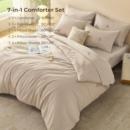 Litanika Queen Comforter Set 7 Pieces Earthy Tan Gingham