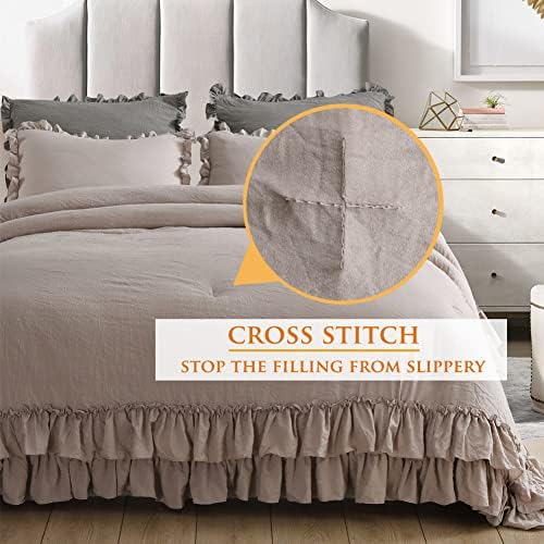Masaca Twin Bedding Comforter Set with Ruffles,Shabby Boho Chic Taupe Farmhouse Comforter 3 Pieces (1 Kids Ruffled Comforter+2 Pillowcases) Ultra Soft Vintage French Country Bedding Sets