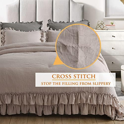 Masaca Twin Bedding Comforter Set with Ruffles,Shabby Boho Chic Taupe Farmhouse Comforter 3 Pieces (1 Kids Ruffled Comforter+2 Pillowcases) Ultra Soft Vintage French Country Bedding Sets