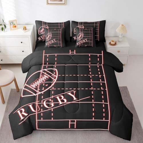 Sports Bedding Comforter Sets 7pcs Football Bed in a Bag for Boys, Neon Glowing Red King Bedding Sets Sport Theme Comforter Set, Soccer Rugby Bedding Sets & Collections Microfiber (Black Reversible)