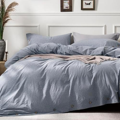 JELLYMONI Cotton Duvet Cover Queen Size - Blue Vertical Pinstriped Comforter Cover with Button 100% Washed Cotton 3PCS Breathable Soft Solid Bedding Set Duvet Cover 90×90in & 2 Pillowcases