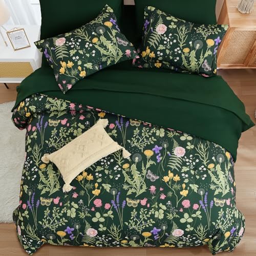 Yiran Floral Twin Comforter Set with Sheets, 6 Piece Bed in a Bag with Botanical Flowers Patterns, Dark Green Bedding Set Girls Soft Lightweight Complete Comforters with Sheets for Women