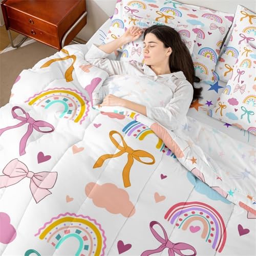 Erosebridal Kawaii Rainbow 7 Piece Bedding Set, Watercolor Clouds Bow Knot King Size Comforter Set with Sheets Ribbon Bowknot Dreamy Princess Style Bed in a Bag, Cute Room Decor Aesthetic