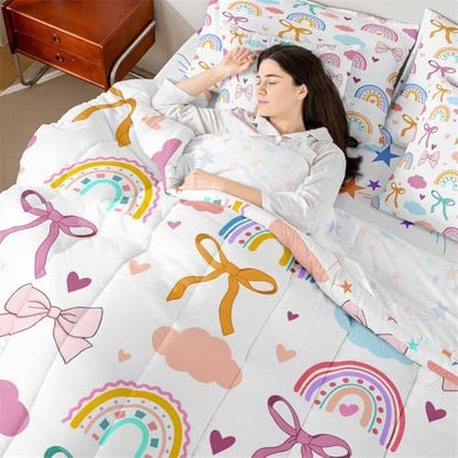 Erosebridal Kawaii Rainbow 7 Piece Bedding Set, Watercolor Clouds Bow Knot King Size Comforter Set with Sheets Ribbon Bowknot Dreamy Princess Style Bed in a Bag, Cute Room Decor Aesthetic