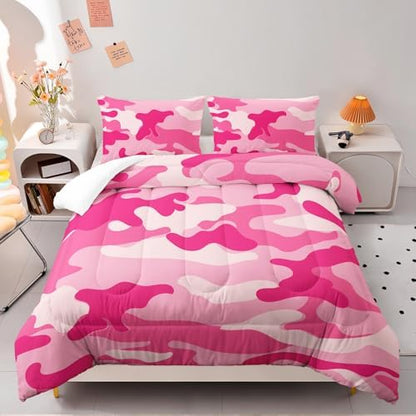 Nttopship Pink Camo Comforter Set for Girls Men，Queen Size Pink Camouflage Bedding Sets for Kids Boys,Ultra Soft Lightweight Bedding Sets，Kids Room Decor with 1 Comforter with 2 Pillow Case