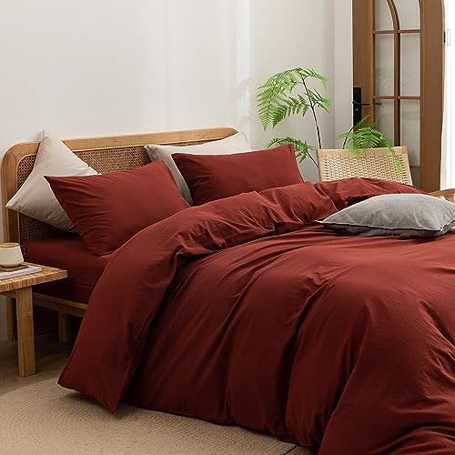 BESTOUCH Cotton Solid Duvet Cover Set Linen Feel Fired Brick Red Full