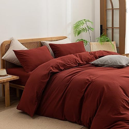 BESTOUCH Cotton Solid Duvet Cover Set Linen Feel Fired Brick Red Full