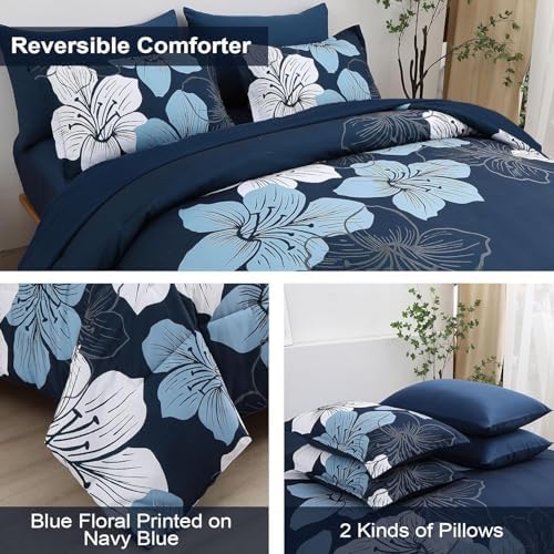 Luxudecor Navy Blue Comforter Set Twin Size, 5 Pieces Bed in a Bag Navy Blue Floral Comforter and Sheet Set, Soft Microfiber Complete Bedding Sets for All Seasons