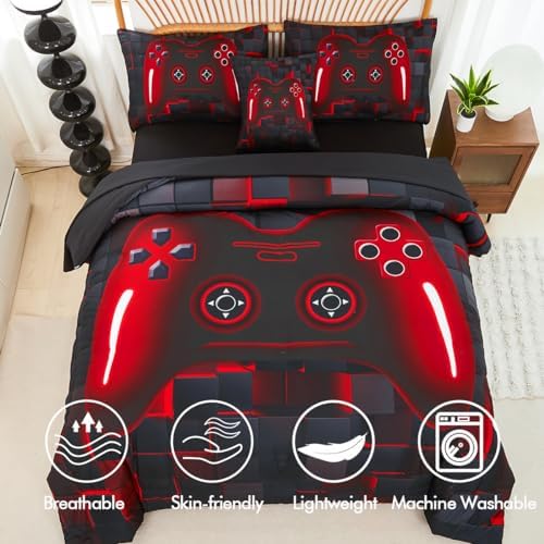 PERFEMET 6-Piece Boys Comforter Set Full Size Game Console Bedding Set for Kids Teen 3D Black and Red Gamepad Gaming Bed in a Bag Matching Sheet Set(Red, Full)