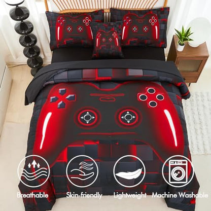 PERFEMET 6-Piece Boys Comforter Set Full Size Game Console Bedding Set for Kids Teen 3D Black and Red Gamepad Gaming Bed in a Bag Matching Sheet Set(Red, Full)