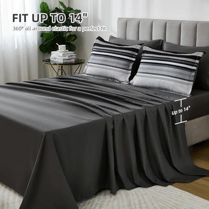 Dobuyly Black Comforter California King Size 7 Piece, Boho Striped Black and Grey Bed in a Bag Set Soft Microfiber Bedding Set with Comforter, Sheets, Pillowcases & Shams All Season