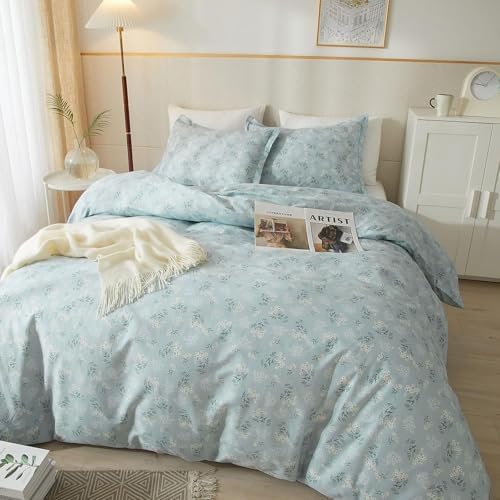 Garden Style Boho Floral Comforter Set Queen Size Fluffy Soft Botanical Blue Flowers Leaves Floral Bedding Comforter Set for Girls Women Vintage Flowers Comforter with 2 Pillowcases All Seasons